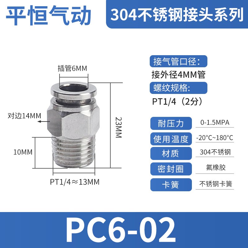 304不锈钢PC接头气动卡套2分8分软管内外丝螺纹直通气管快速快插