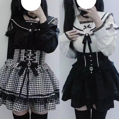 黑白格子蓬蓬裙日系高腰半裙蕾服