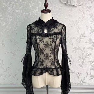 哥特风Lolita中华风JSK配套内搭蕾丝拼接黑色姬袖衬衫洛丽塔内搭
