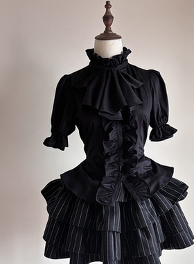 溯夜黑色哥特风收腰短袖衬衫暗黑复古宫廷风上衣荷叶边口水巾内搭