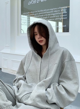 清仓 灰色长袖连帽卫衣女春秋2025新款宽松慵懒风休闲外套上衣女