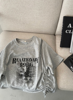 清仓 印花抽绳灰色短袖T恤女2024春夏季新款小众宽松显瘦上衣