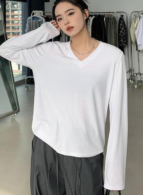 清仓 黑色t恤女v领长袖针织衫韩版宽松休闲百搭内搭打底上衣女