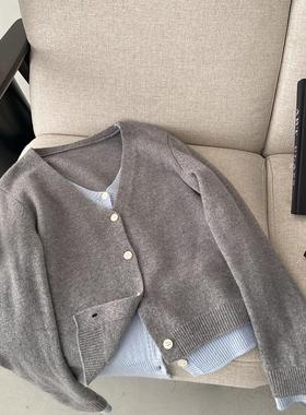 LIL CHER假两件v领灰色针织开衫外套秋季新款设计感撞色羊毛上衣