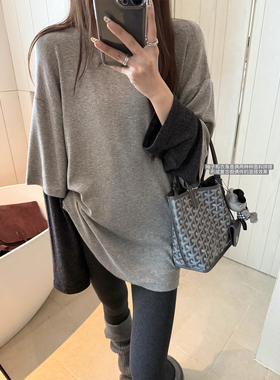 LIL CHER灰漾&复古慵懒感拼接长袖宽松巨显瘦假两件T恤上衣女春秋