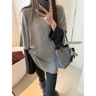 LIL 宽松巨显瘦假两件T恤上衣女春秋 CHER灰漾&复古慵懒感拼接长袖