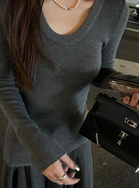 LIL CHER奶香椰奶u领显瘦绵羊毛桑蚕丝弹力微宽松长袖针织衫保暖