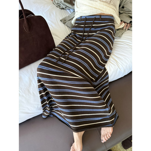 撞色条纹显瘦软糯针织半身裙长裙