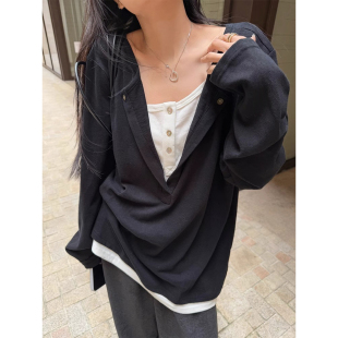 宽松百搭显瘦T恤衫 慵懒风半开斜领拼接假两件长袖 女春夏 CHER LIL