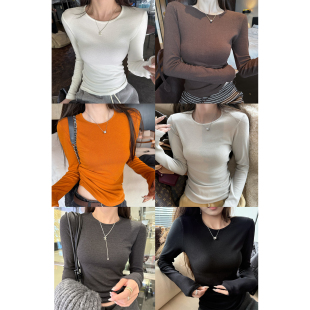 CHER 显瘦圆领打底T恤休闲上衣秋季 磨毛tee长袖 大弹力修身 版 LIL