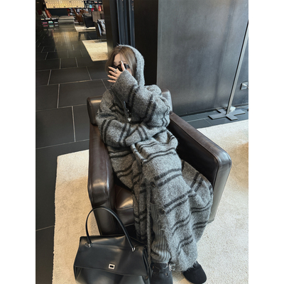 连帽慵懒宽松毛衣开衫长款外套女