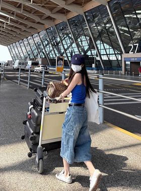 LIL CHER重工酵洗多口袋蓝色宽松百搭工装风七分裤牛仔裤女春夏季