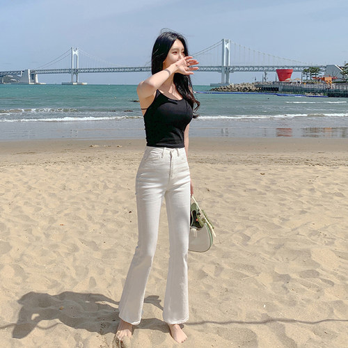 高腰弹力直筒白色九分裤子女春季2023年新款宽松浅色微喇牛仔长裤