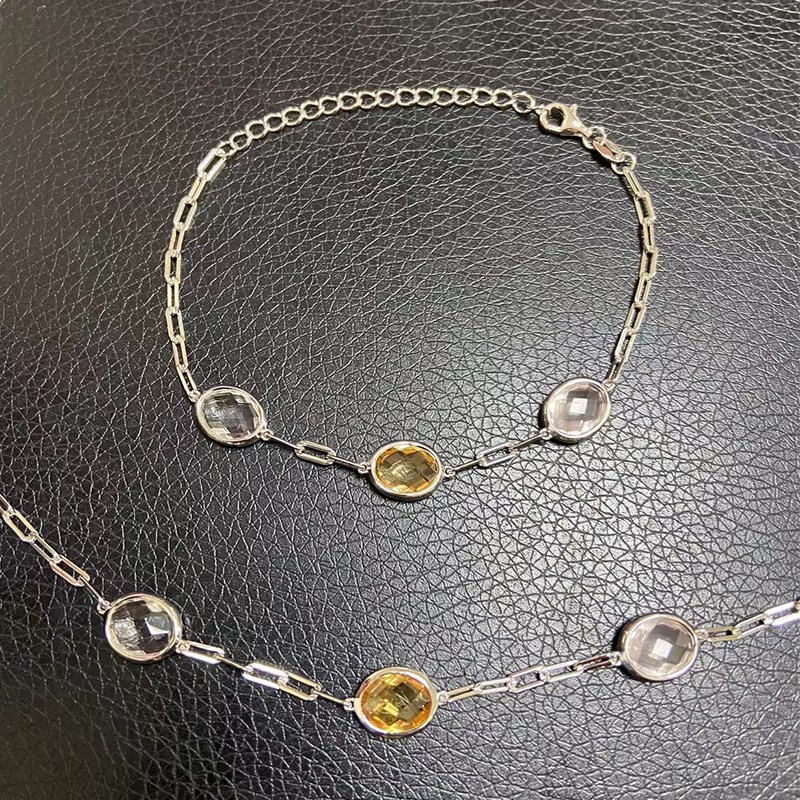 双面切割天然黄水晶粉白水晶手链 纯银三色水晶晶莹剔透毛衣项链