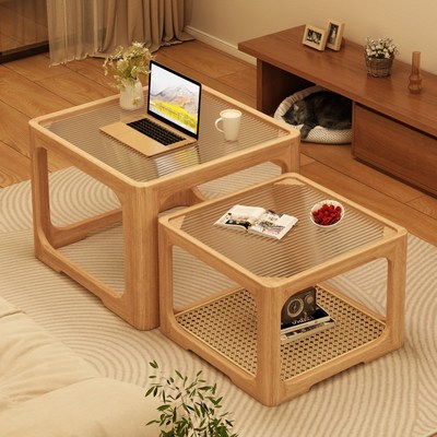 实木茶几客厅家用2024新款小户型藤编玻璃茶几桌原木风简易小桌子