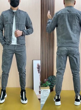 2012秋冬新款k男士套装牛仔外套小脚裤两件套时尚灰色夹克百搭男