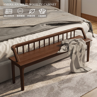美式实木床尾凳床榻卧室床前凳主卧长条凳带靠背床边凳长凳床边椅