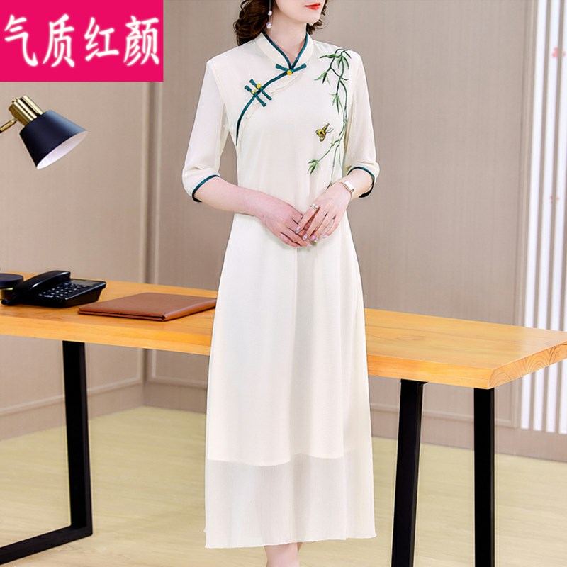 2021夏装新款中国风女装复古茶服禅意旗袍O改良版洋装中长版裙子