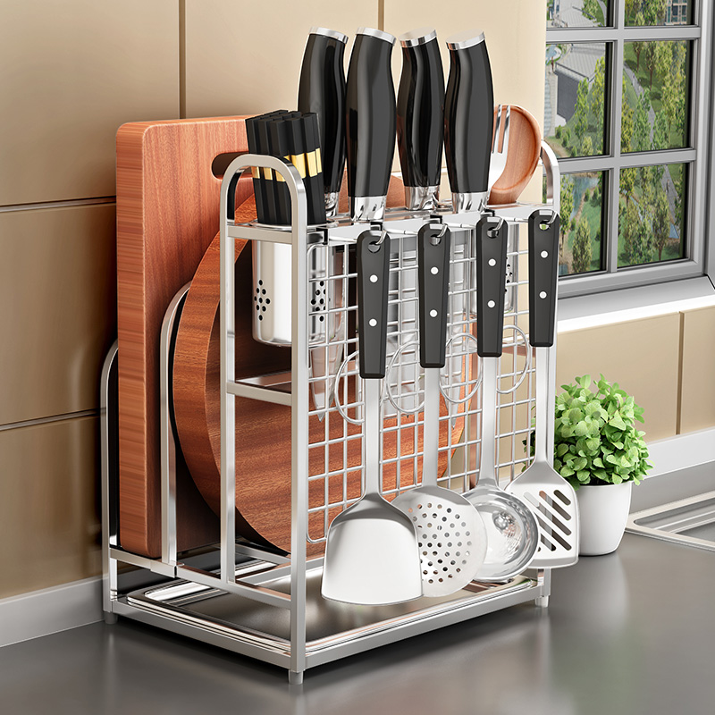 304不锈钢刀架厨房用q品置物架砧板架菜板架刀架刀座筷笼刀架一体