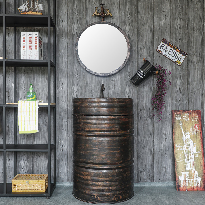 铁艺复古logo工业风酒吧复古洗手盆油桶洗手盆立柱落地洗手盆做旧