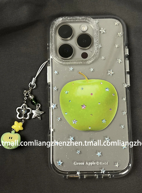 ins风绿色苹果带挂件透明适用苹果17promax手机壳iphone16女款14pro新款15pro防摔13保护套16pro外壳原色镭射