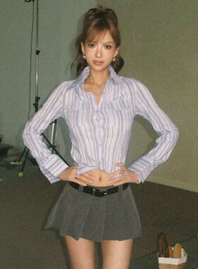 Herstory【Office Siren】美式辣妹翻领中古感掐腰长袖衬衫打底衫