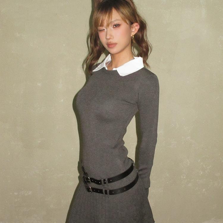 Herstory 政律俏佳人～假两件衬衫领百褶修身针织显身材灰连衣裙