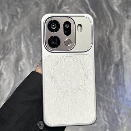 高级感白色荔枝纹磁吸适用oppofindx9pro手机壳x8ultra电镀硬壳vivox300pro素皮拼接X200新款简约iQ0015一加