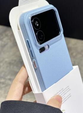 韩系ins小众蓝色荔枝纹理PC适用小米17promax手机壳15金属镜框14ultra全包防摔13高级感新款防指纹磨砂简约硬