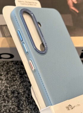 ins风温柔浅蓝色荔枝纹适用三星S25ultra手机壳新款S24ultra全包防摔S24plus高级感+金属镜框针织孔散热磨砂