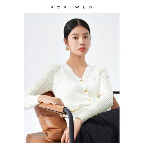 佧茜文针织衫2024秋季新款时尚修身百搭v领肌理感开衫上衣女
