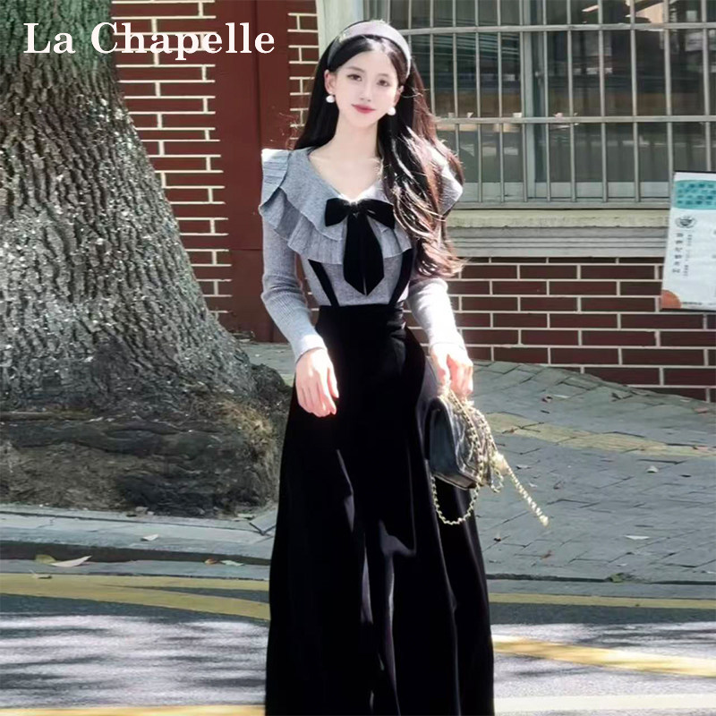 LaChapelle拉夏贝尔秋季新款赫本风轻奢收腰显瘦百搭两件套10656