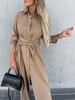 S~3XL Solid Long Sleeve Shirt Dress Women Lace up Single Bre