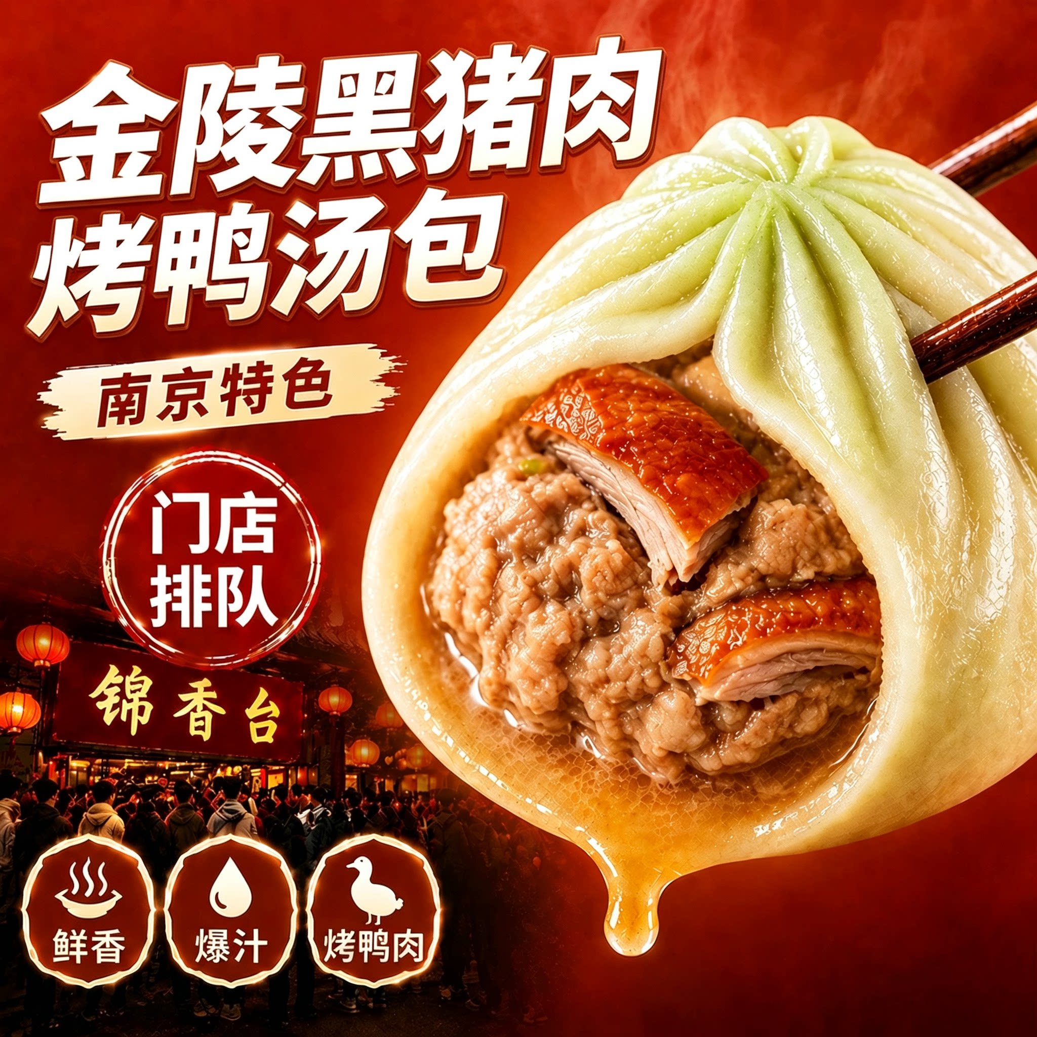 正宗金陵烤鸭黑猪肉灌汤小笼包南包点