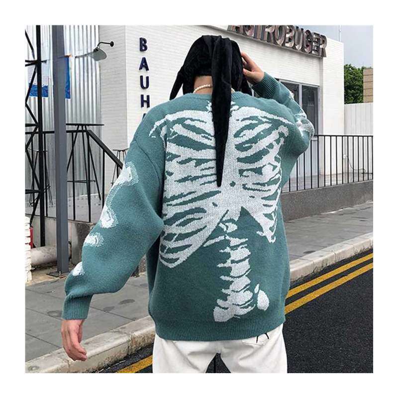 Men Oversized Sweater Black Loose Skeleton Bone Print Women