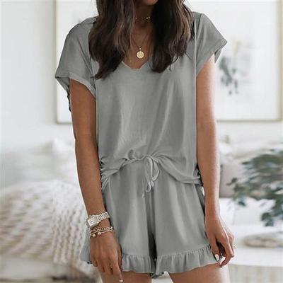 Women s Pajamas Set for Female Two-Piece Ruffle Solid Col