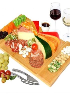 Bamboo Cheese Board Cutlery Knif Set Kitchen Tray 4 Knives