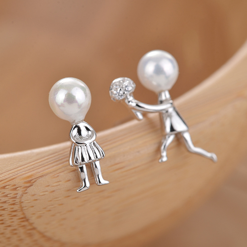 925 Sterling Silver Asymmetry Pearl Stud Earrings For Women