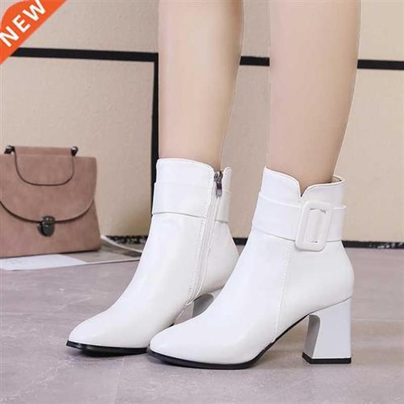White Black Thick High Heel Ankle Boots Women 2020 Pointed T