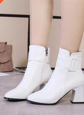 White Black Thick High Heel Ankle Boots Women 2020 Pointed T