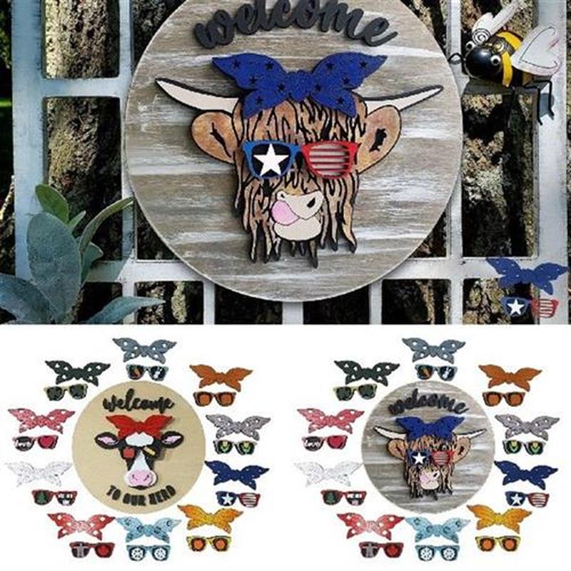 Wooden Door Signs with Interchangeable Accessories Cowhead