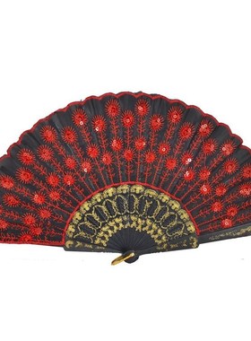 SODIAL(R) Red Embroidered Flower Pattern Black Cloth Foldin