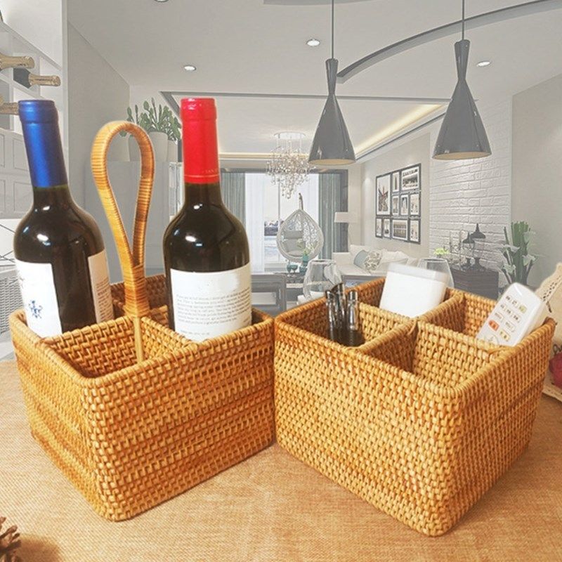 G6DA Square Hand Woven Storage Basket 4 Compartment Desktop