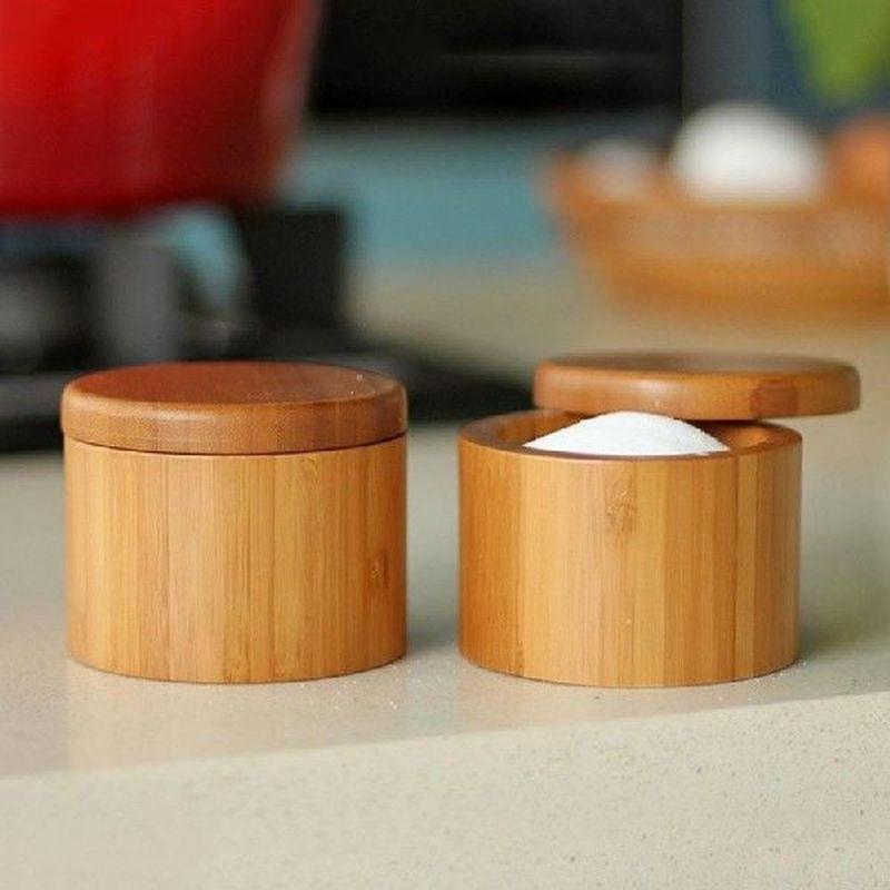 2Pcs Wooden Storage Boxes Bamboo Salt Box With Magnetic