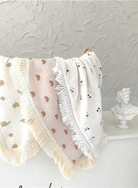 Printed Muin Tassel Swaddle Wrap Cotton Fringe Baby Blanke