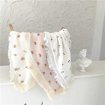 Printed Muin Tassel Swaddle Wrap Cotton Fringe Baby Blanke