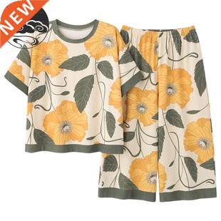 Summer Knitted Cotton Floral Pajamas Set Women Pyjamas Elega