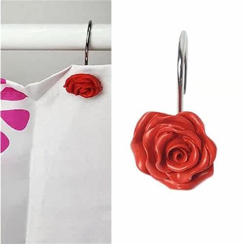 12pcs Rose Shower Curtain Hooks Resin Flower Bathroom