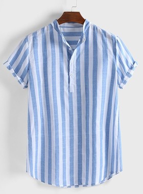 Mens Striped Cotton Linen Shirts Summer Fashion Casual Shirt