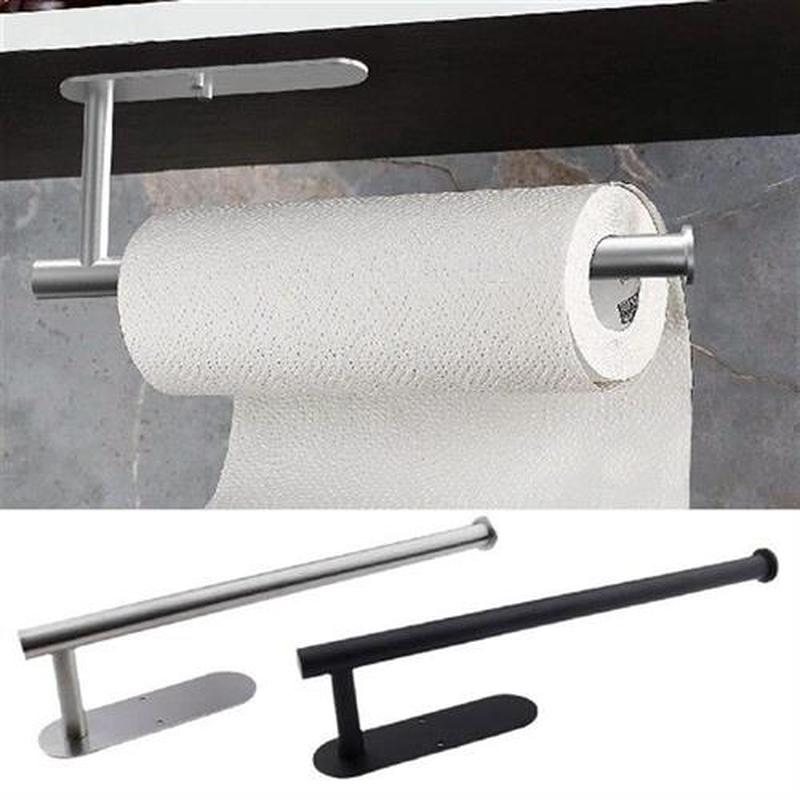 Punch-free Paper Towel Holder Steel Kitchen Bathroom Black